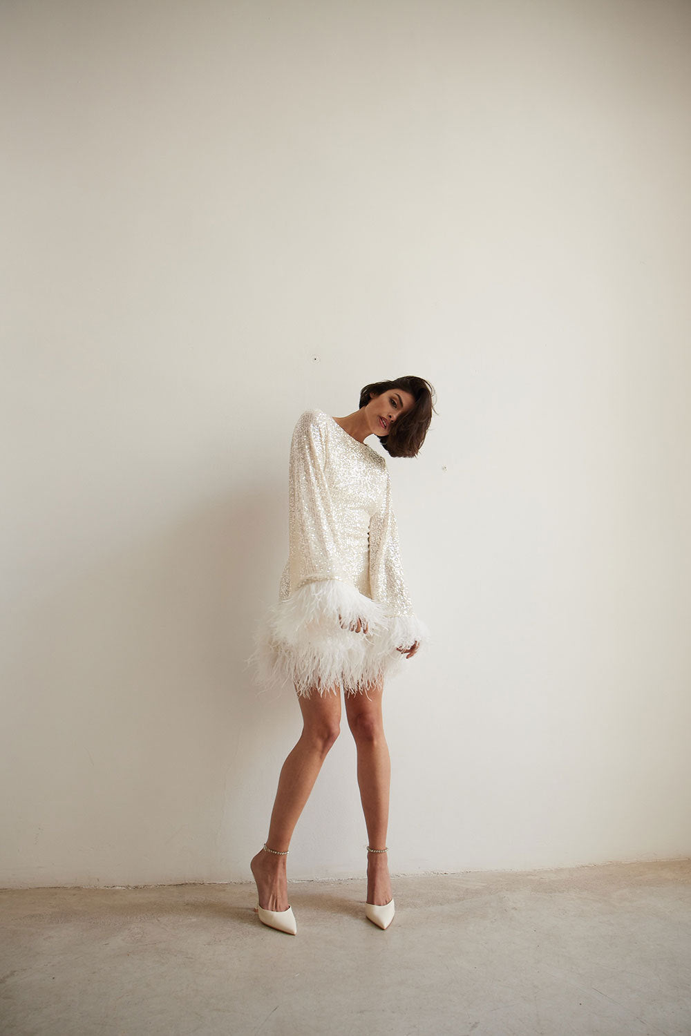 Open-Back Sequined Feather Fitted Mini-Length Dress