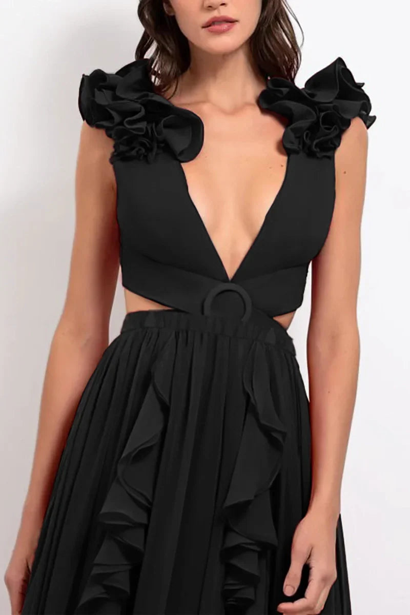 3D Flower Shoulder Detail Hollow Black Set