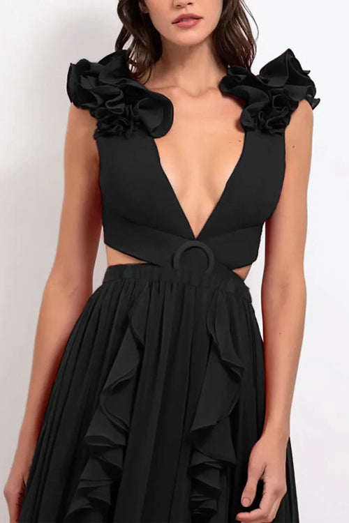 3D Flower Shoulder Detail Hollow Black Set