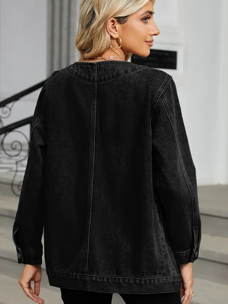 Denim Jacket with V-Neck, Button Closure and Pockets