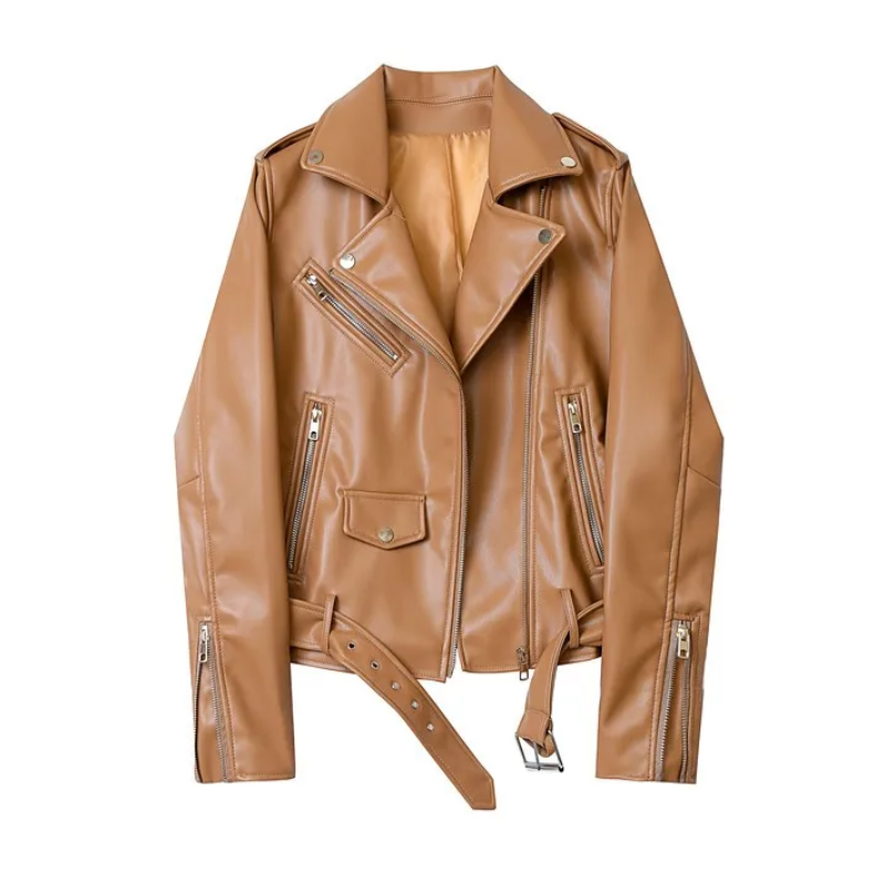 Leather Biker Jacket with Zippers and Belt