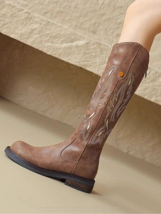 Modern Brown embroidered back zipper long boots