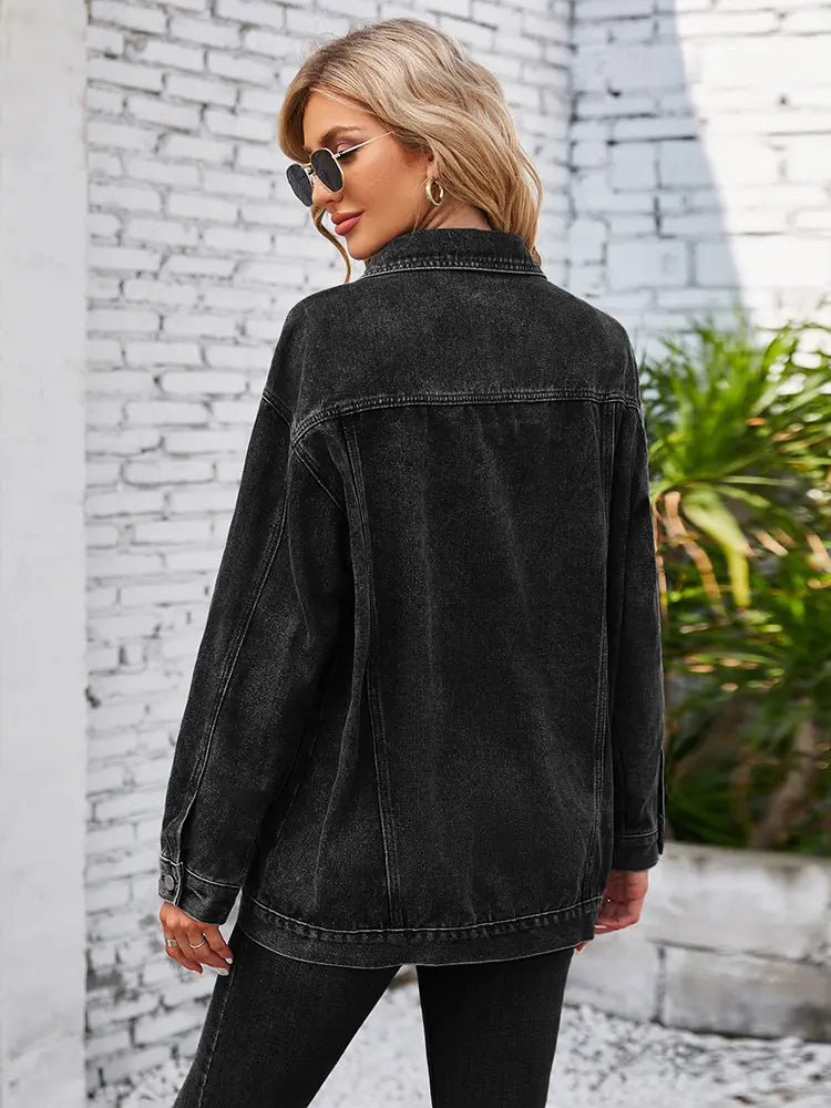 Washed Denim Jacket with Button Closure and Pockets in Blue