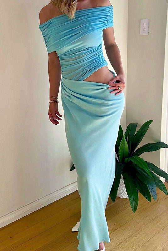 Sheer Mesh Off-Shoulder Maxi-Length Dress