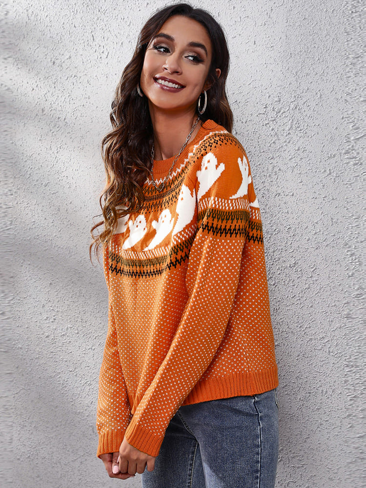 Literary Retro Ghost Pattern Crew Neck Knitted Knit Sweater