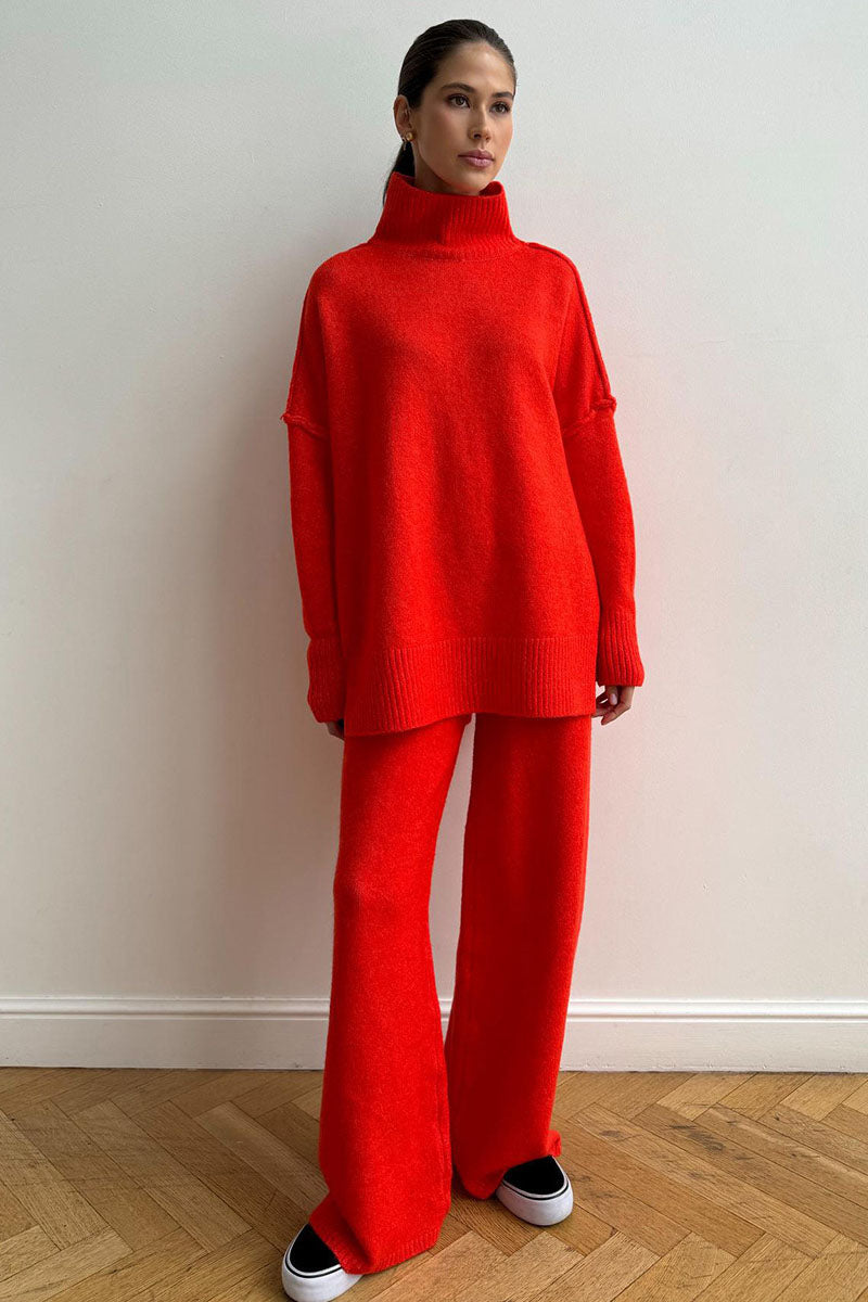 Turtleneck Split Knit Sweater Loose Knit Trousers Set