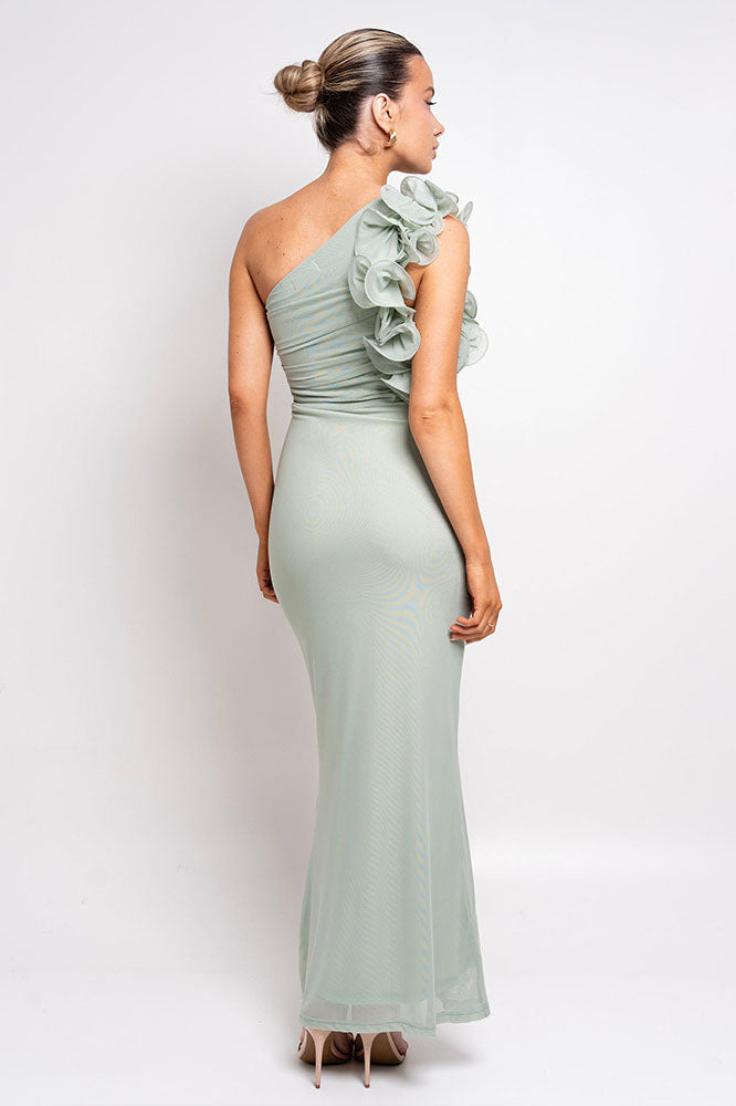 Statement Flower One-Shoulder Fitted Midi-Length Dress