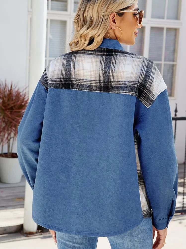 Washed Denim Jacket with Patchwork and Button Closure