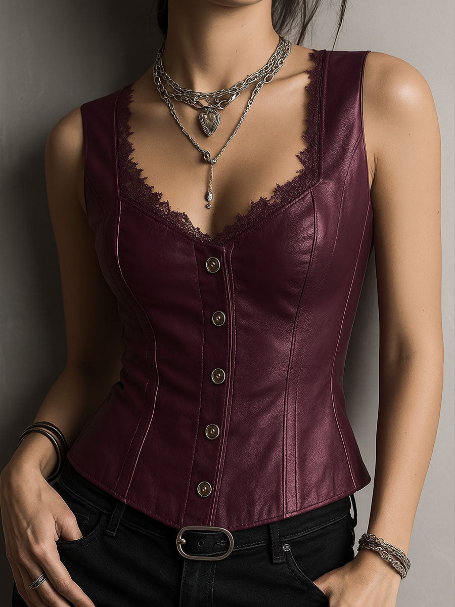 Modern Stylish Black Leather Corset Waistcoat With Lace-Trim