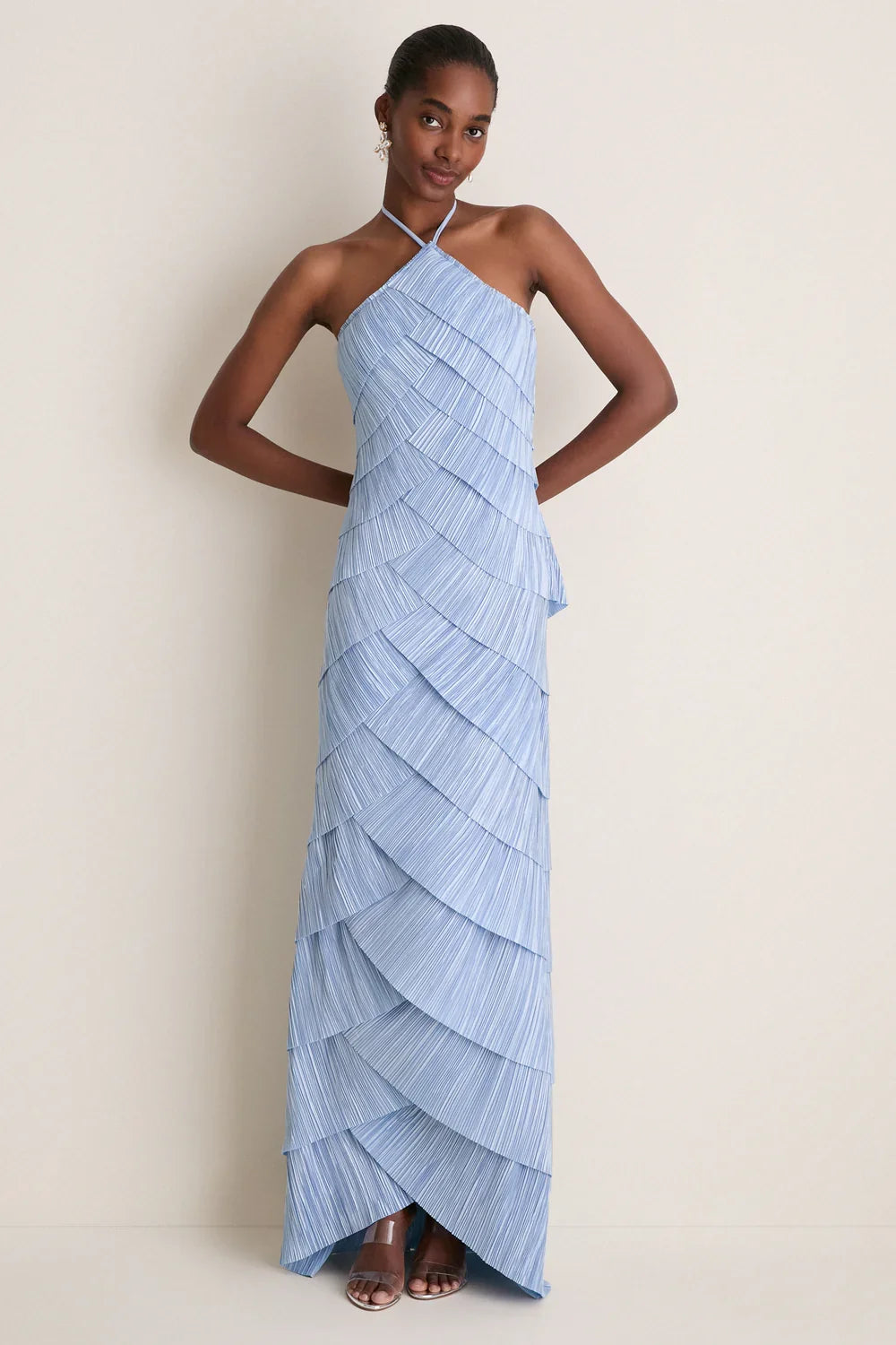Light Blue Pleated Halter Tiered Maxi-Length Dress
