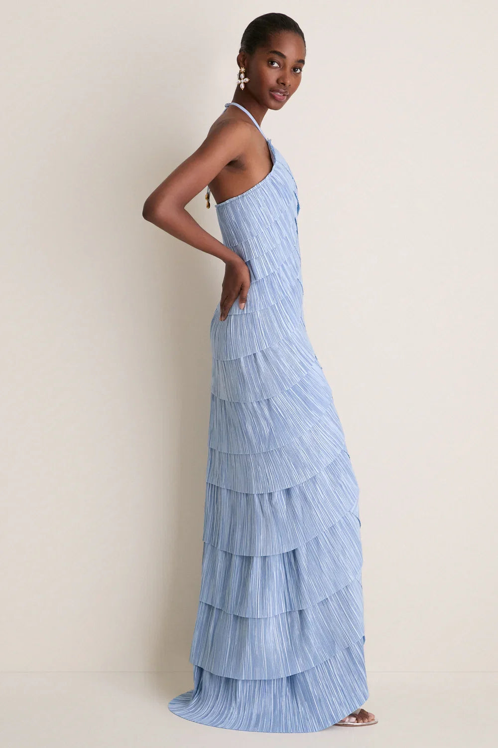 Light Blue Pleated Halter Tiered Maxi-Length Dress