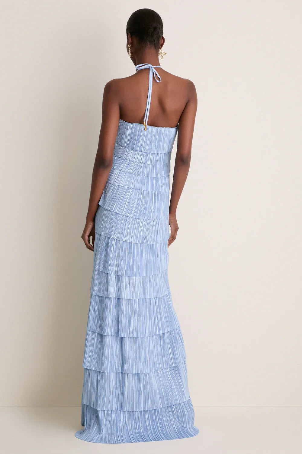Light Blue Pleated Halter Tiered Maxi-Length Dress