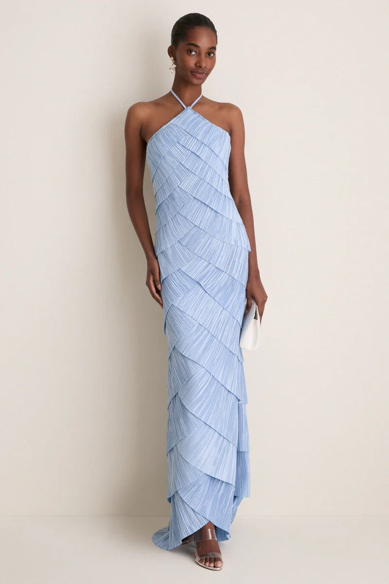 Light Blue Pleated Halter Tiered Maxi-Length Dress