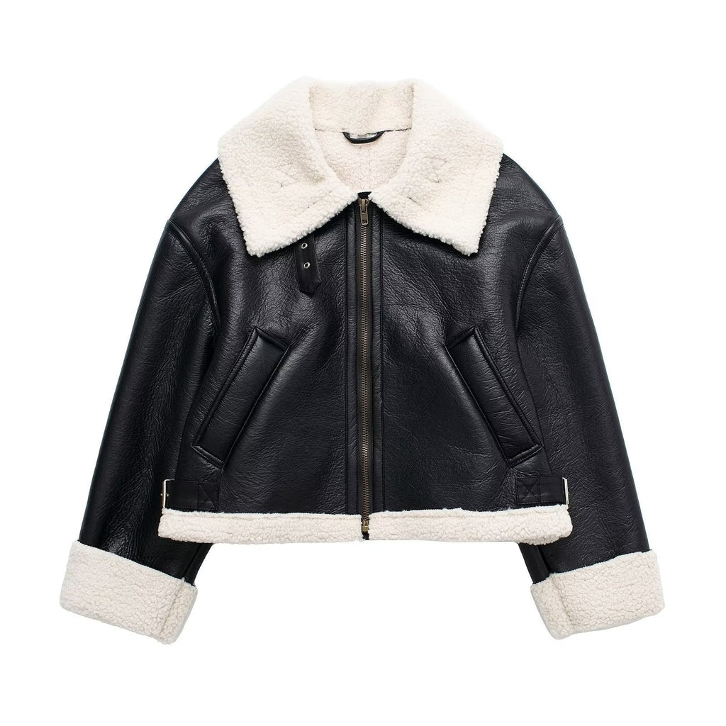 Cropped Leather Jacket with Faux Fur Trim