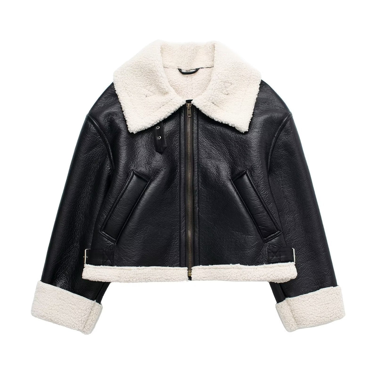 Cropped Leather Jacket with Faux Fur Trim