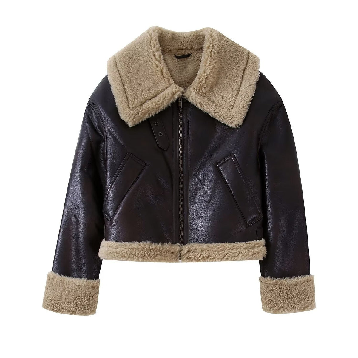 Cropped Leather Jacket with Faux Fur Trim