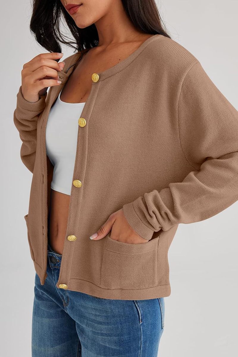 Relaxed Daily Solid Pocket Buttons Crew Neck Outerwear(3 Colors)
