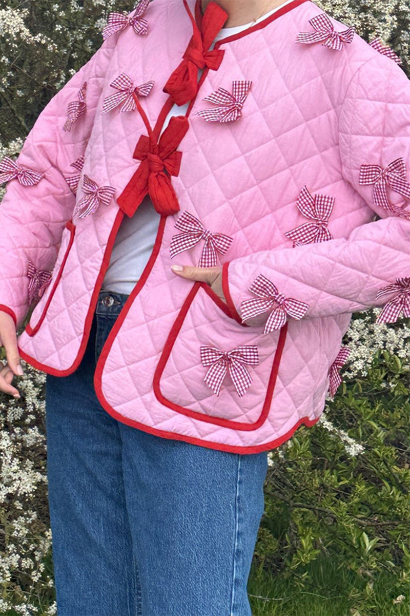 Relaxed Daily Solid Pocket Bow Decor Crew Neck Outerwear