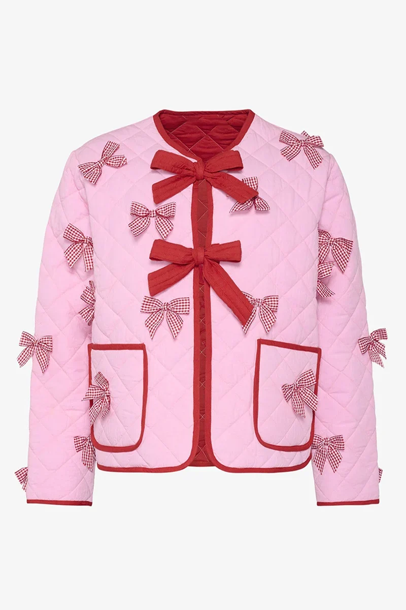 Relaxed Daily Solid Pocket Bow Decor Crew Neck Outerwear