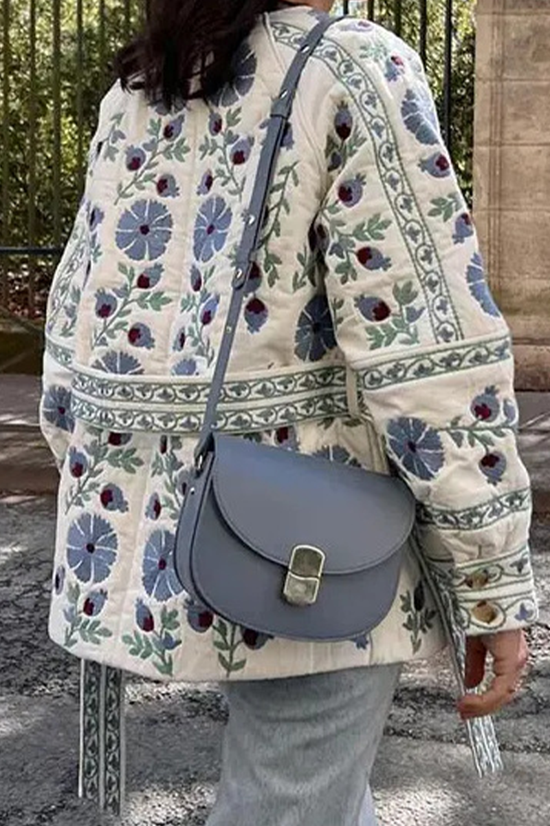 Relaxed Street Flowers Lace Up Buttons Patchwork Crew Neck Outerwear