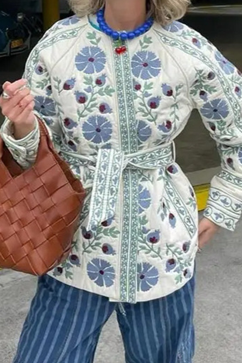 Relaxed Street Flowers Lace Up Buttons Patchwork Crew Neck Outerwear