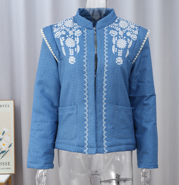 Denim Jacket with Floral Embroidery and Stand Collar