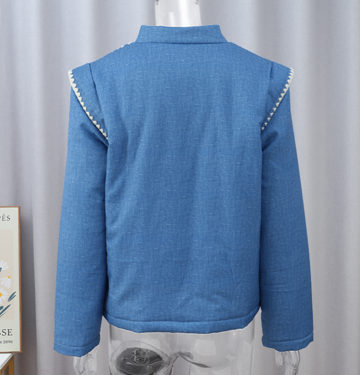 Denim Jacket with Floral Embroidery and Stand Collar