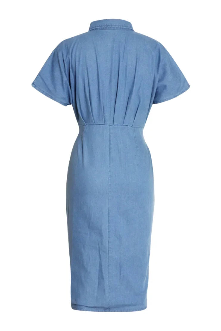 Modern Gina Gathered Knotted Denim Midi Shirt Dress