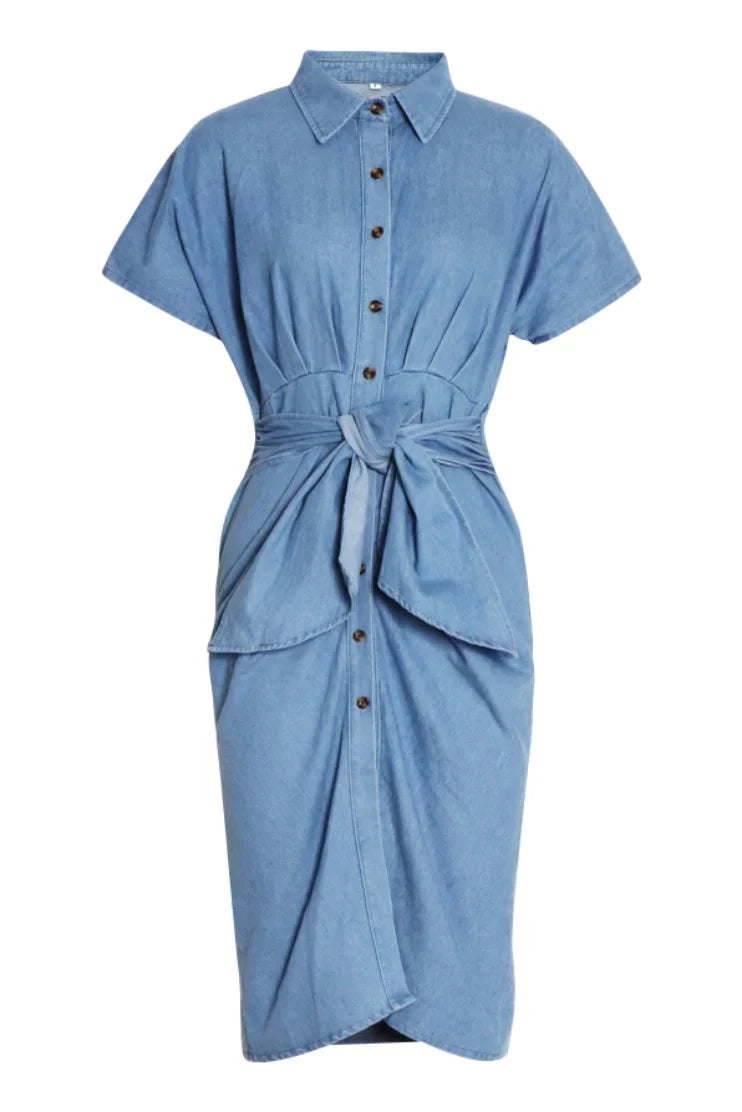 Modern Gina Gathered Knotted Denim Midi Shirt Dress