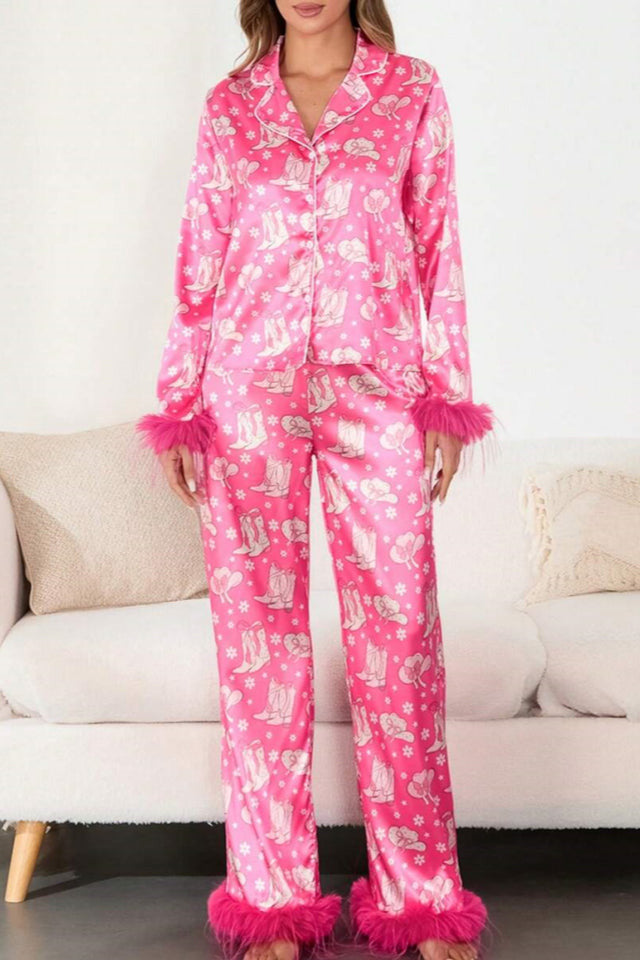 Coordinated Boot & Feather Print Satin Pajama Set
