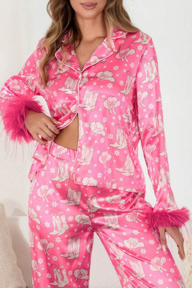 Coordinated Boot & Feather Print Satin Pajama Set