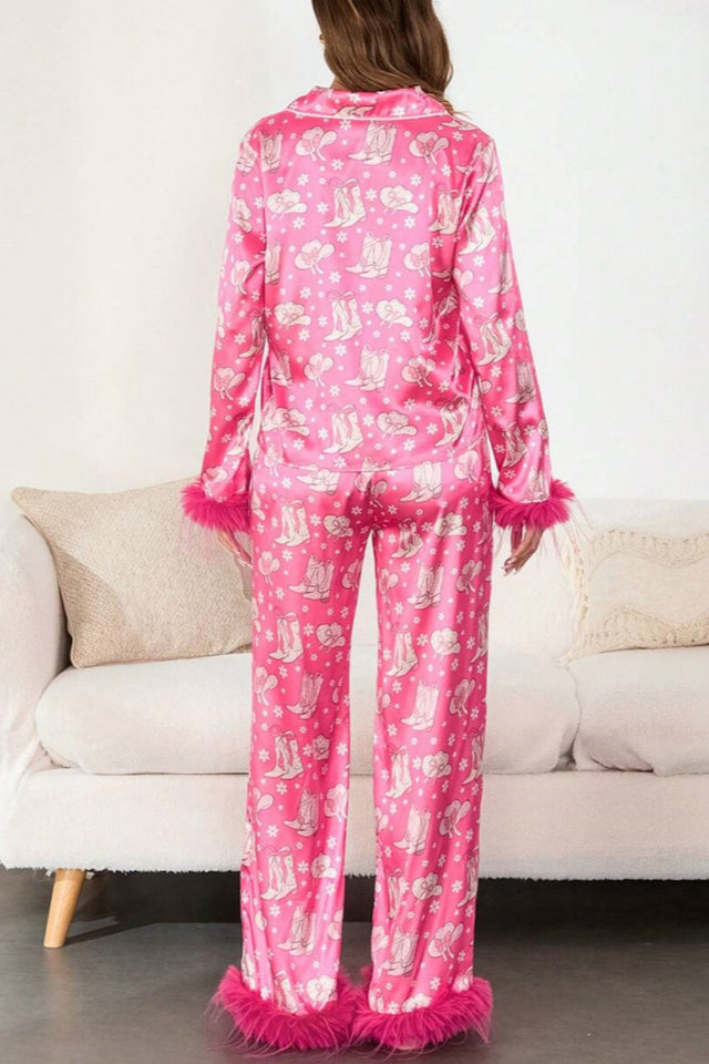 Coordinated Boot & Feather Print Satin Pajama Set
