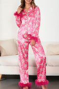 Coordinated Boot & Feather Print Satin Pajama Set