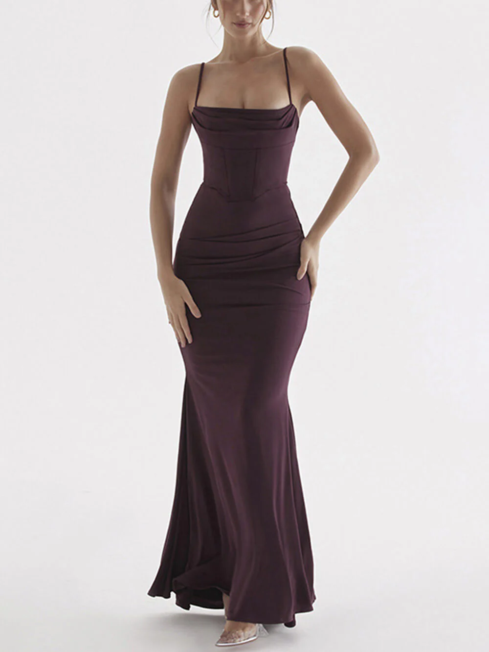 Square Neck Ruched Corset Fishtail Evening Maxi-Length Dress