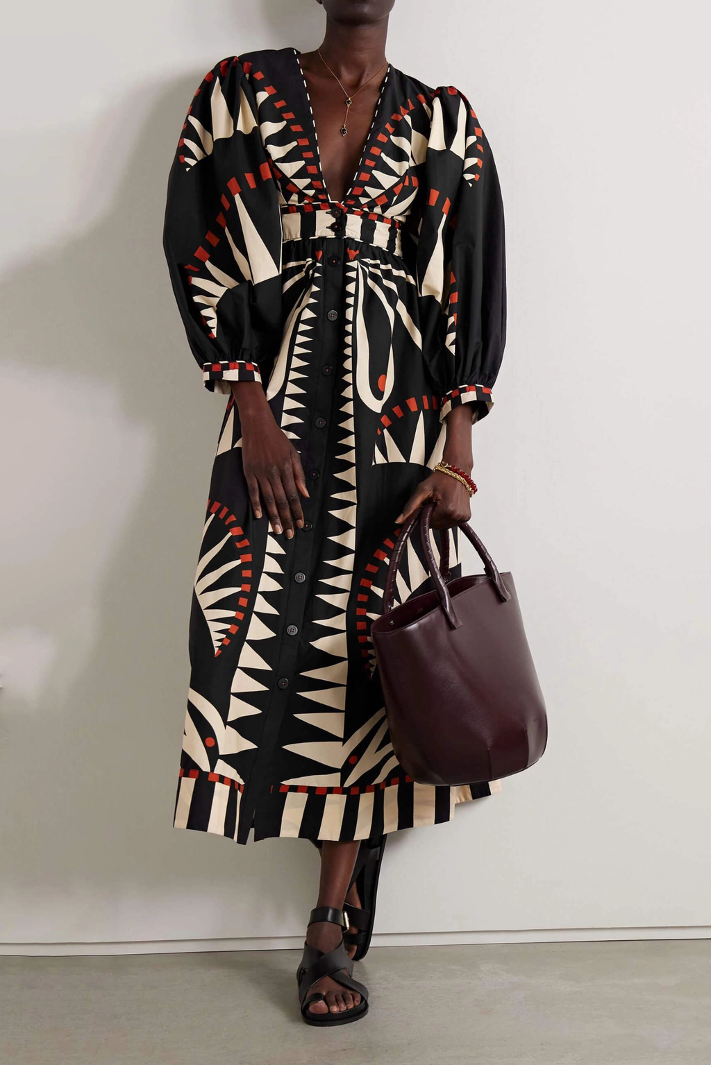 Coconut Jungle Print Puff Sleeve Midi-Length Dress