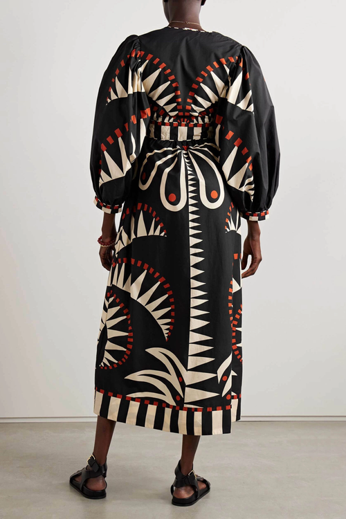 Coconut Jungle Print Puff Sleeve Midi-Length Dress