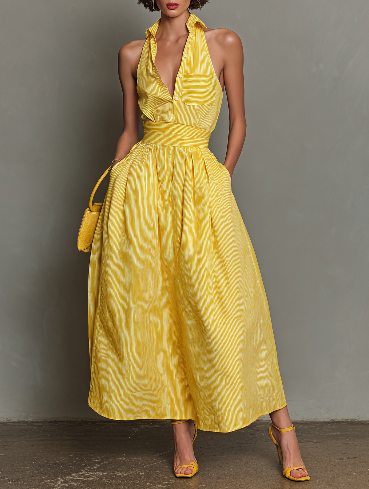 Women's Clean-Lined Striped Lapel Sleeveless Maxi-Length Dress