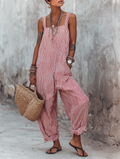 Clean-Lined Striped Square Neck Sleeveless Jumpsuit