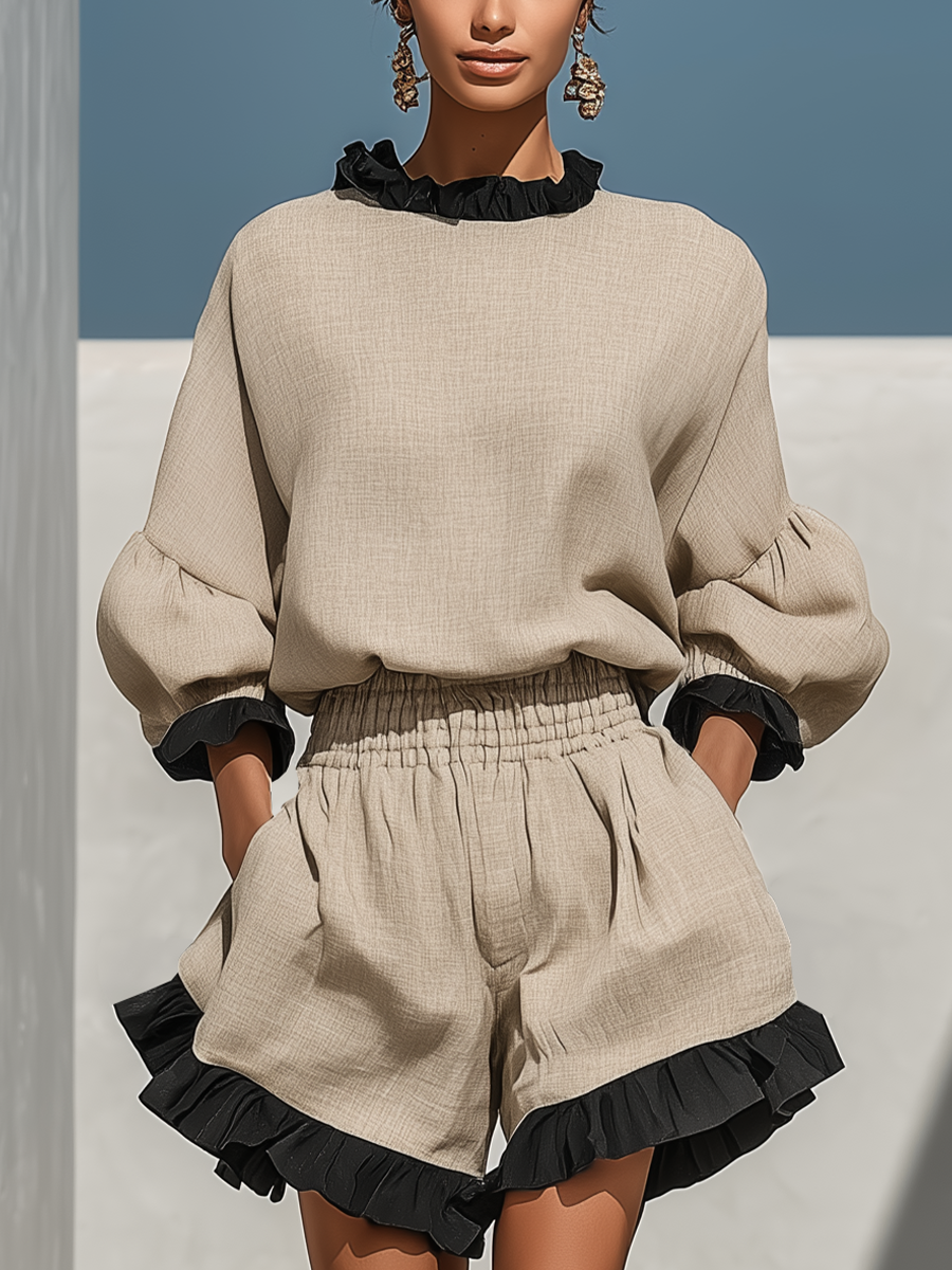 Beige Linen-Blend Ruffled Trim Blouse & Shorts Set