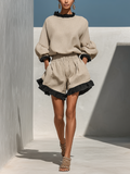 Beige Linen-Blend Ruffled Trim Blouse & Shorts Set