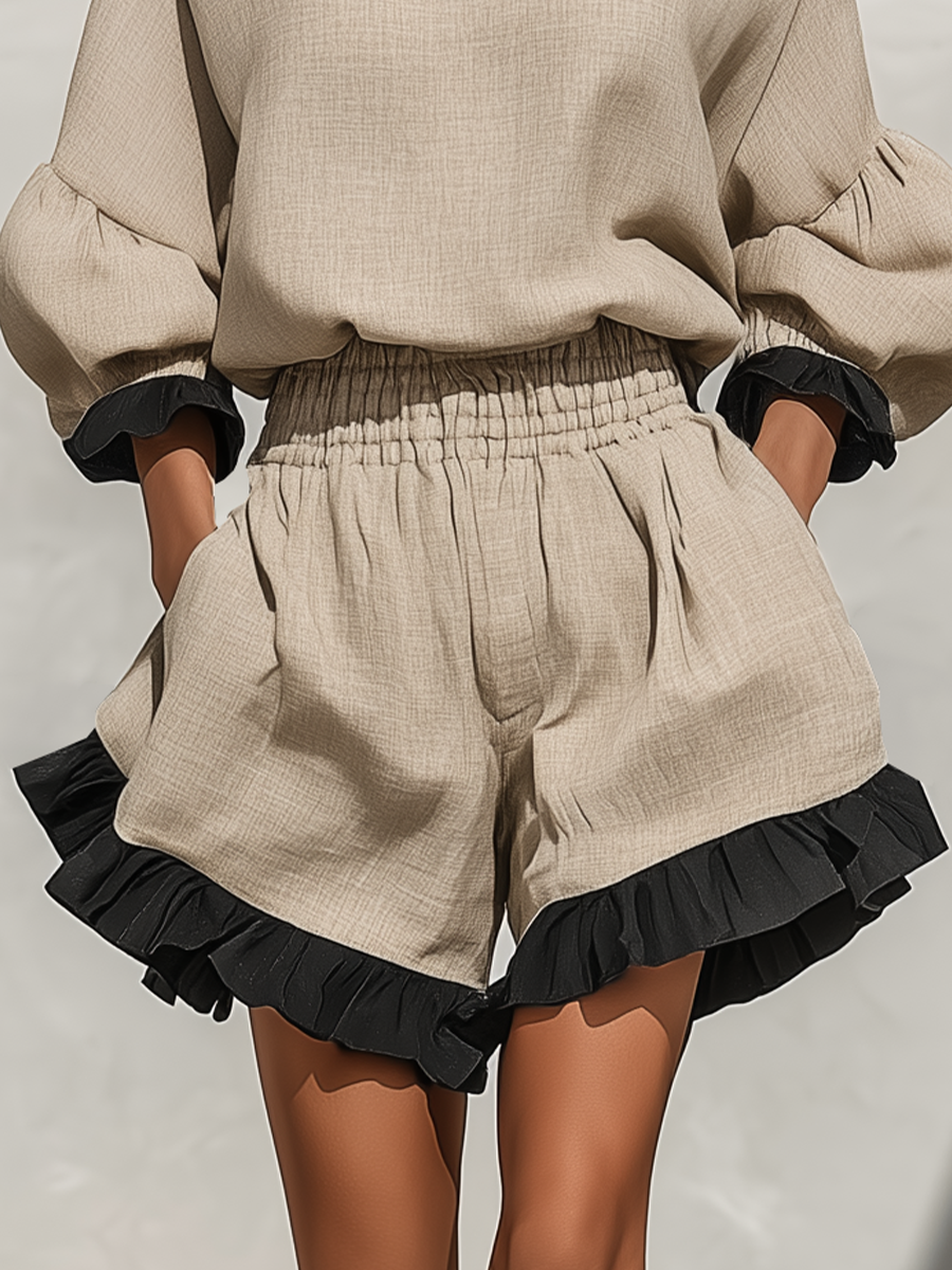 Beige Linen-Blend Ruffled Trim Blouse & Shorts Set