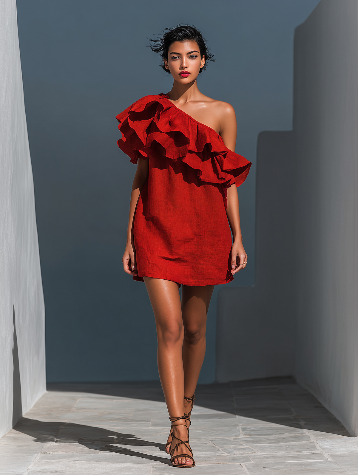 Red Linen-Blend One-Shoulder Tiered Mini-Length Dress