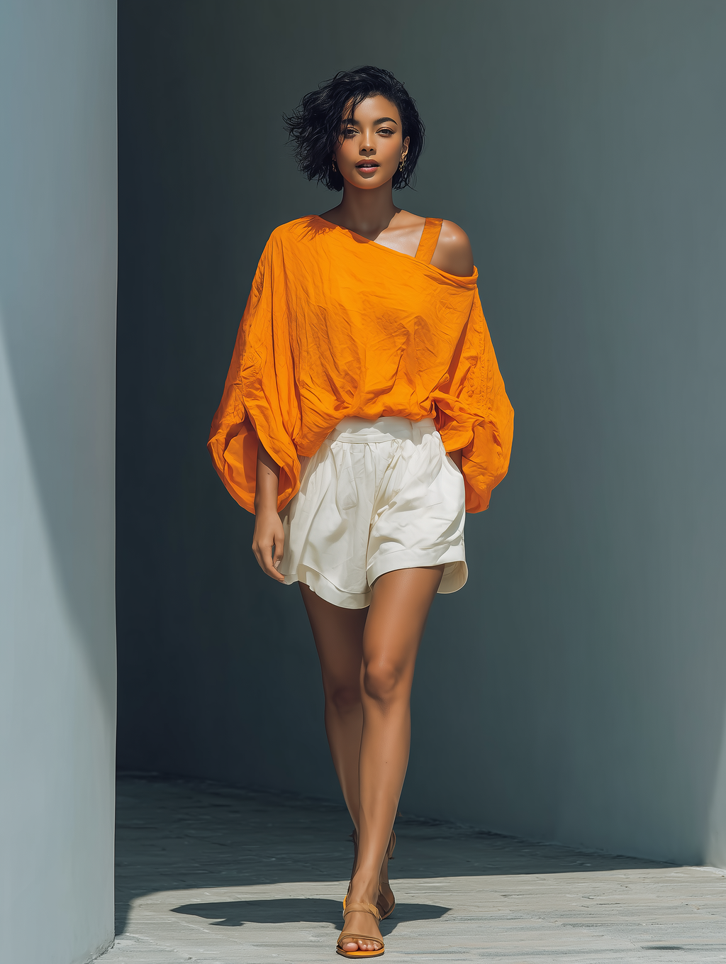 Orange Linen-Blend Cold Shoulder Top & White Ruffled Shorts Set