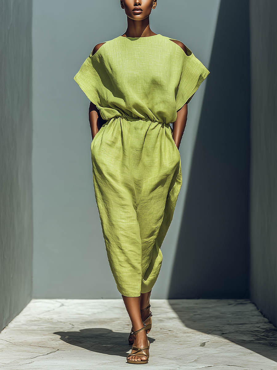 Lime Green Linen-Blend Cold Shoulder Midi-Length Dress