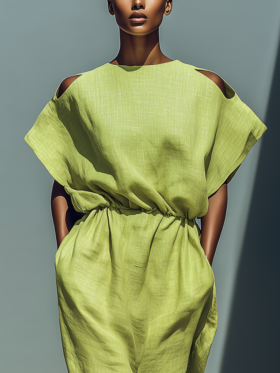 Lime Green Linen-Blend Cold Shoulder Midi-Length Dress