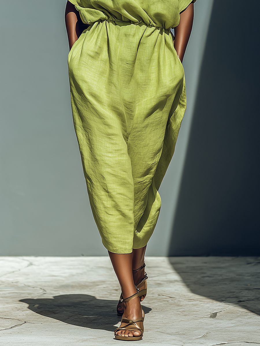 Lime Green Linen-Blend Cold Shoulder Midi-Length Dress