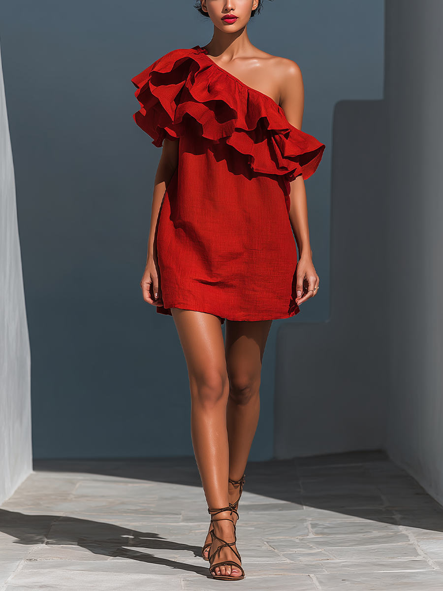 Red Linen-Blend One-Shoulder Tiered Mini-Length Dress