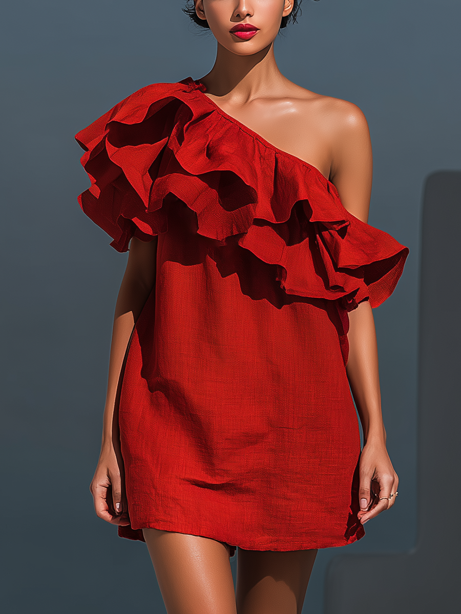 Red Linen-Blend One-Shoulder Tiered Mini-Length Dress