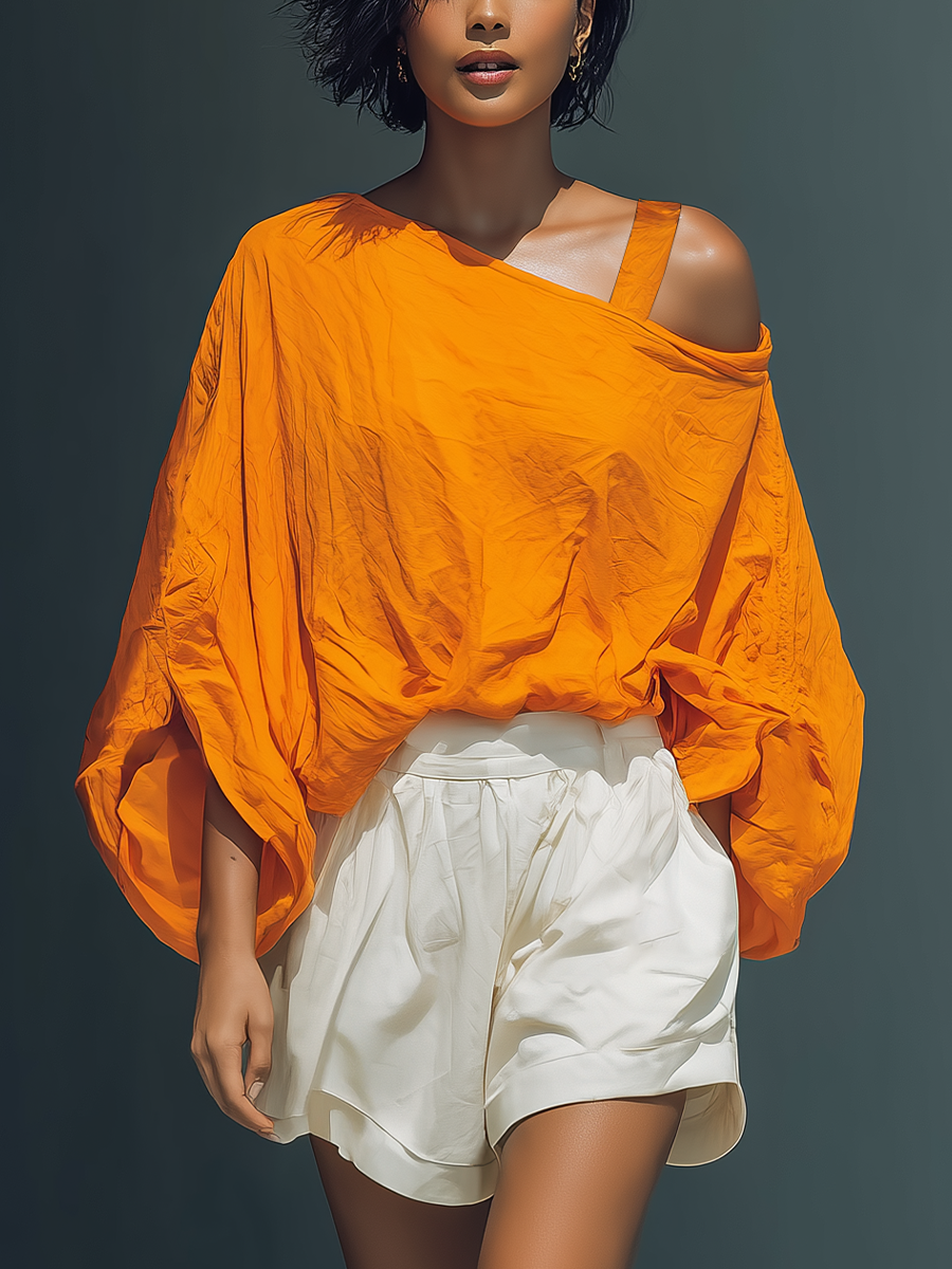 Orange Linen-Blend Cold Shoulder Top & White Ruffled Shorts Set