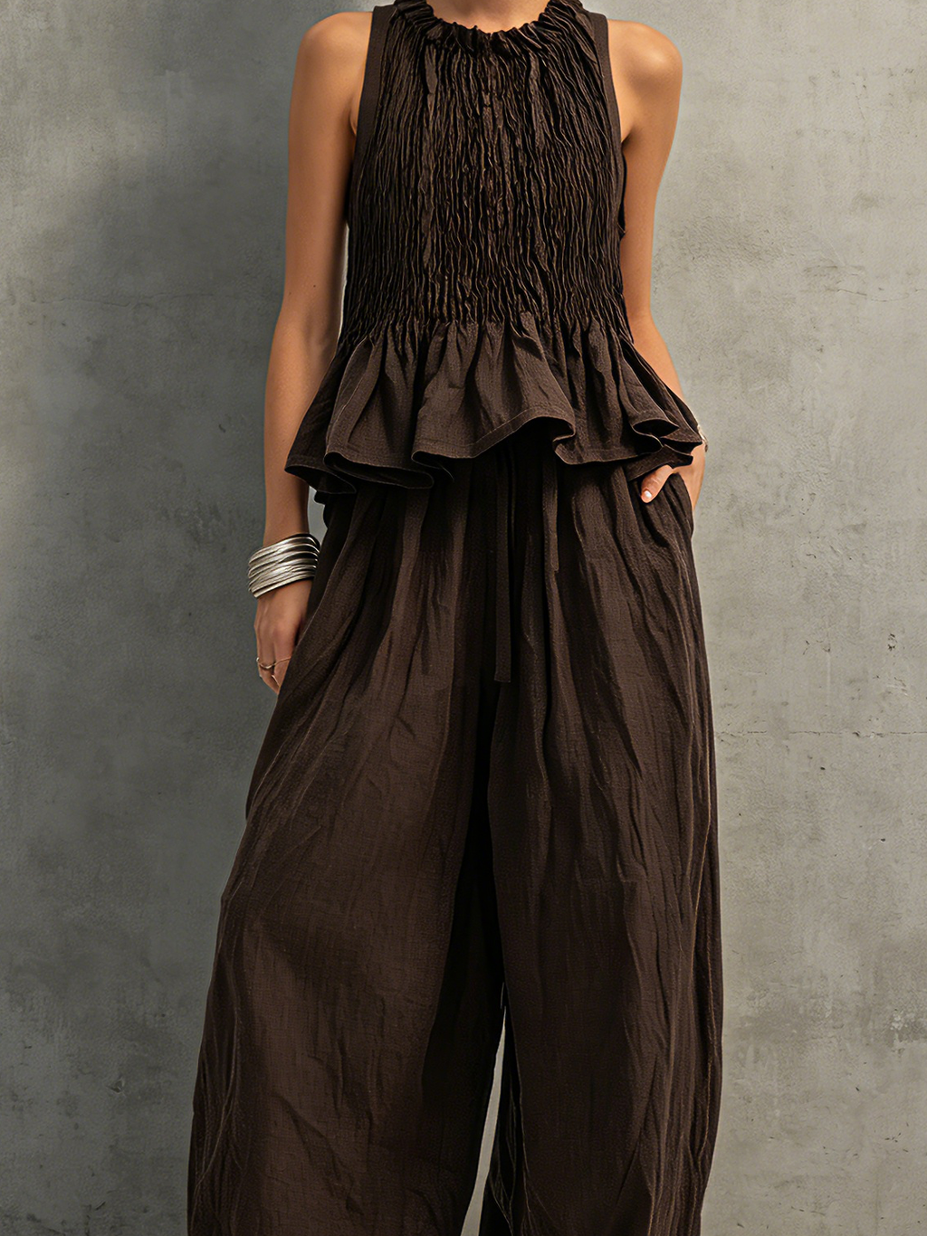 Coordinated Dark Brown Cotton-Linen Sleeveless Top & Trousers Set
